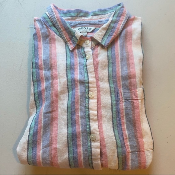 Orvis Linen Rayon Striped Sleeveless Button Down Shirt Size Large - Picture 11 of 12